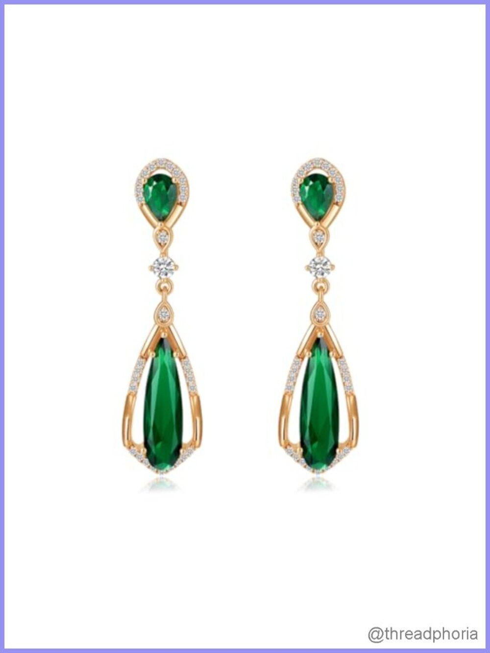 Vintage Emerald Teardrop Dangle Earrings 925 Sterling Silver Gold-Plated Cubic